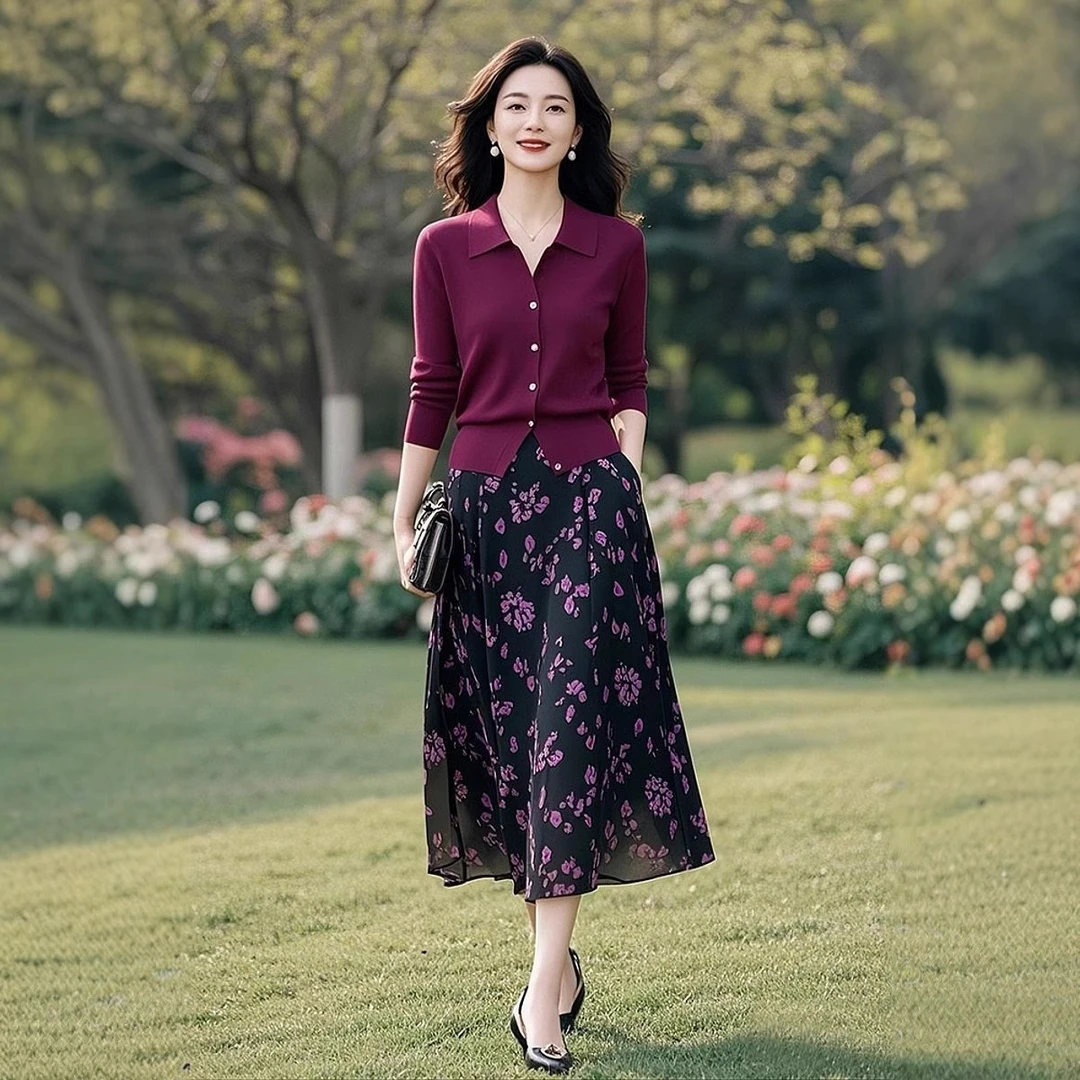 【套装】春秋款翻领轻奢贵气针织衫中长款碎花半身裙长袖时尚洋气