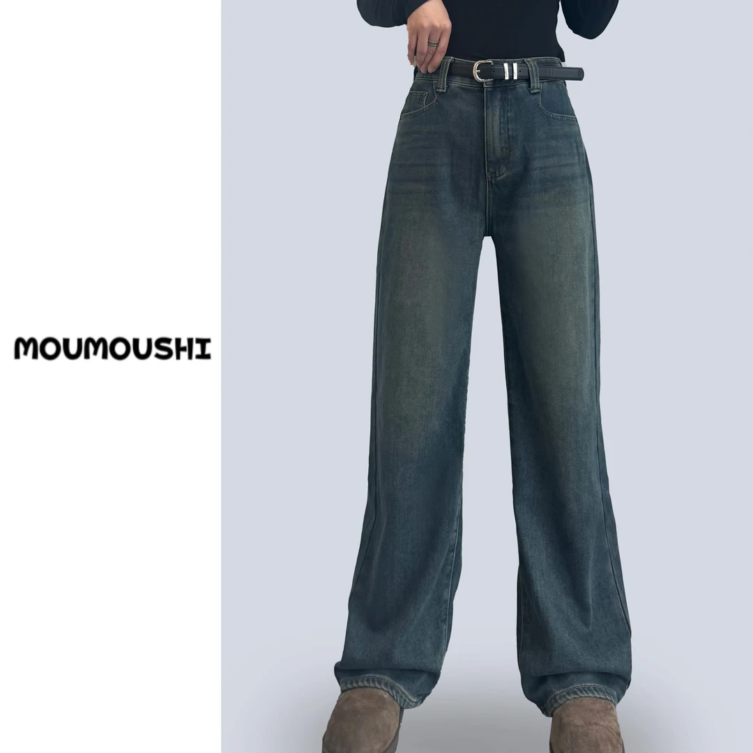 9023-1直筒复古高腰冬季窄版加绒时尚牛仔裤