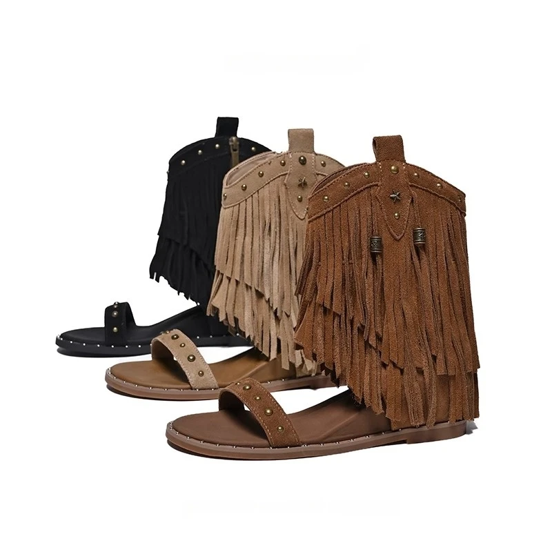 一字带罗马凉鞋女2025夏季新款波西米亚风流苏凉靴内增小个子靴子