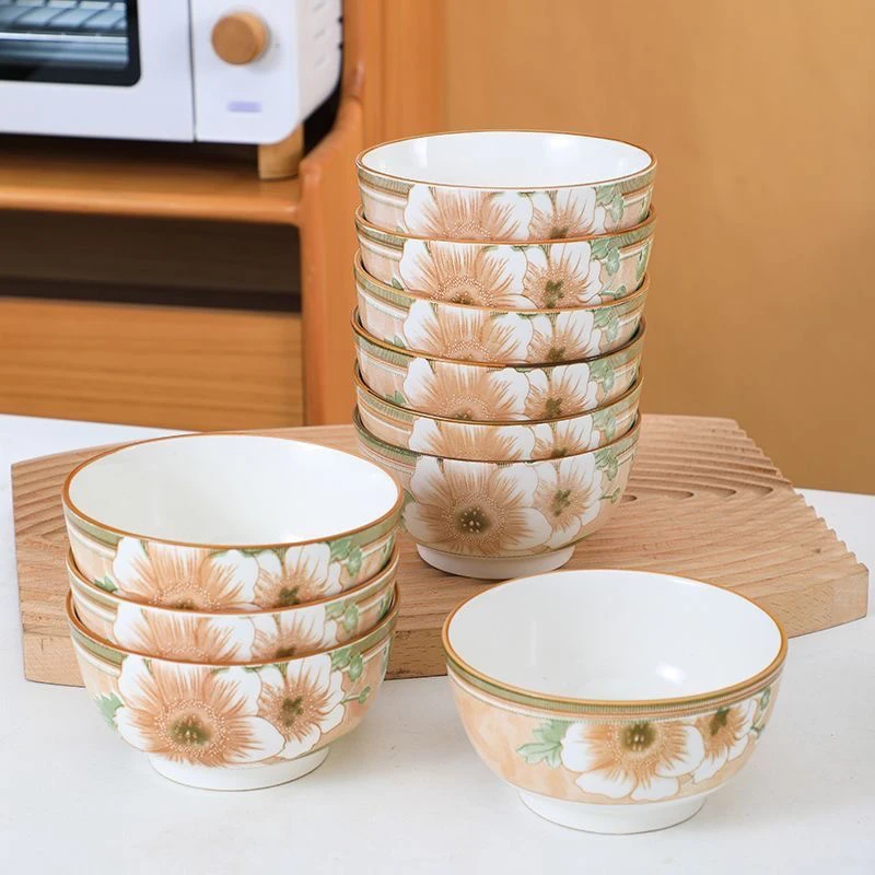 釉下彩山茶花4.5英寸陶瓷碗8个装