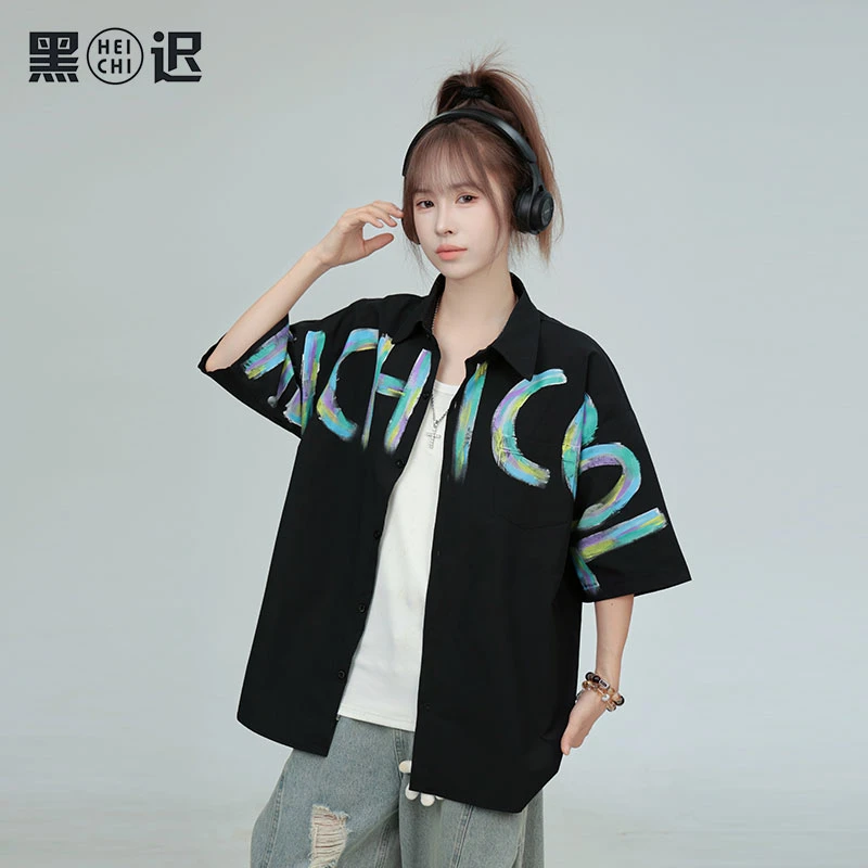 黑迟原创手绘涂鸦字母短袖衬衫男女款夏美式高级感情侣半袖衬衣