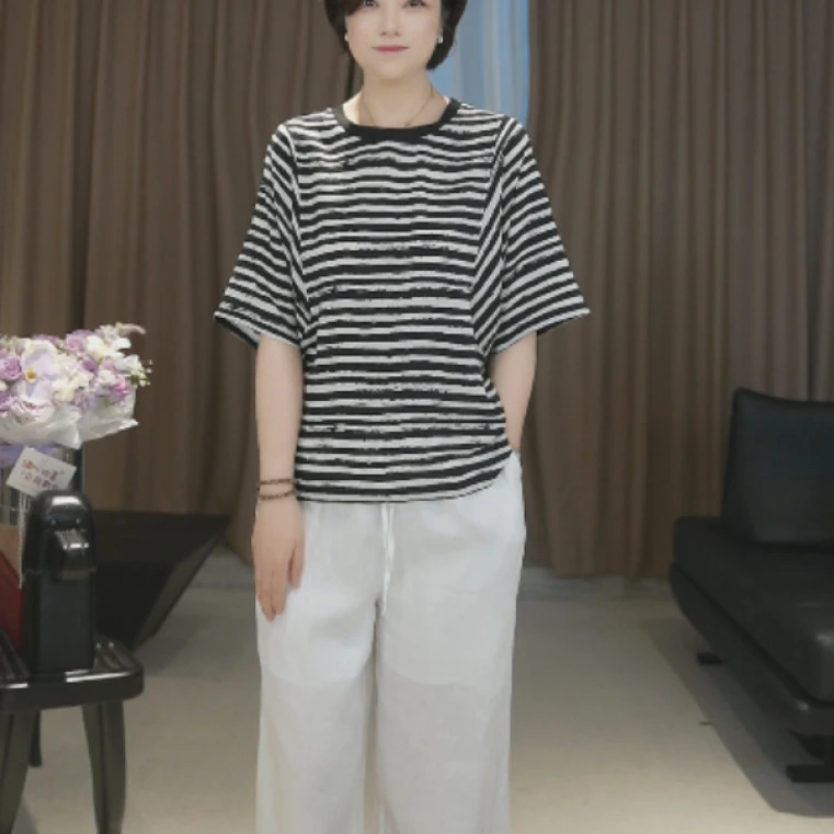 【U.M】邂逅重磅6A级100桑蚕丝圆领条纹短袖