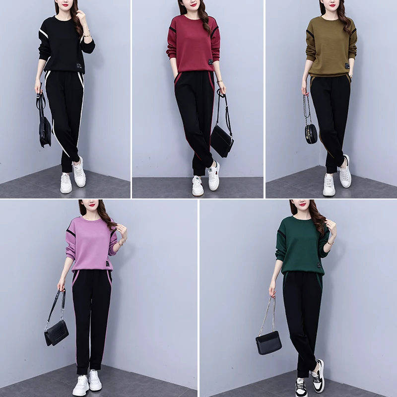 休闲运动套装秋韩版减龄宽松圆领针织简约卫衣裤子两件套BG#6862