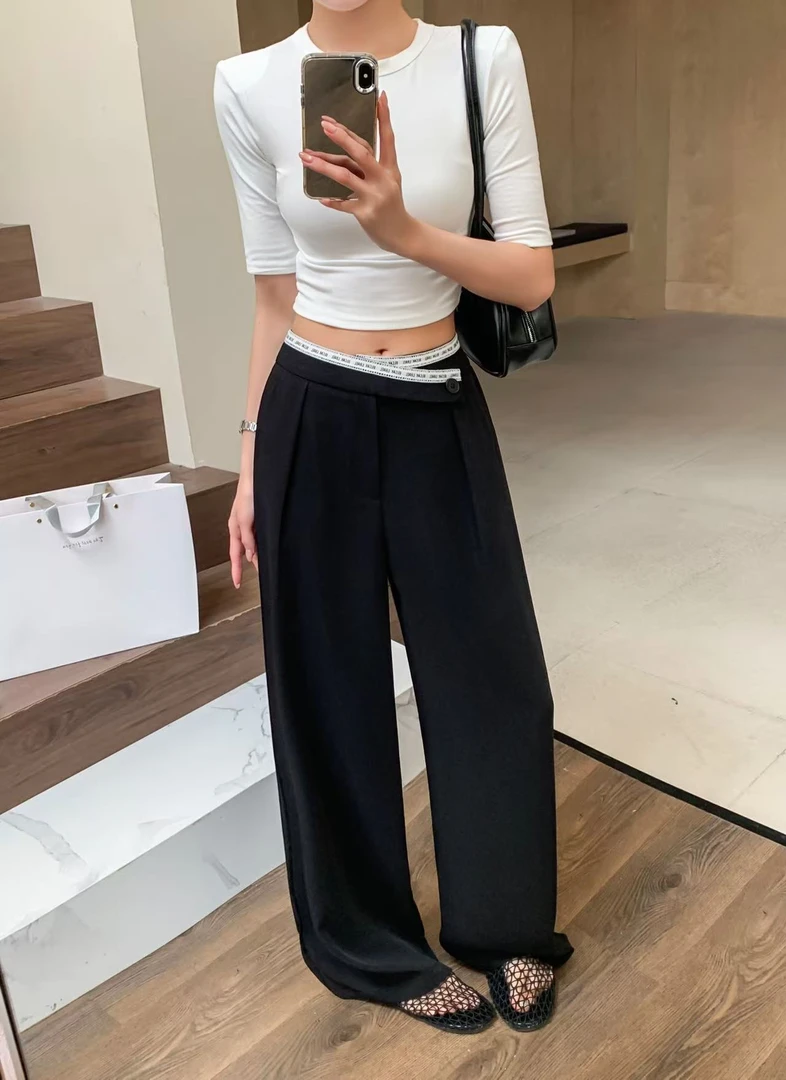 66833#新款南油女装欧货设计师款高腰不规则加厚休闲直筒阔腿裤女