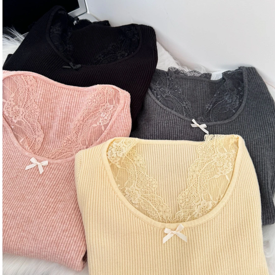 V领拼接蕾丝纯欲长袖磨毛修身蝴蝶结甜妹打底衫