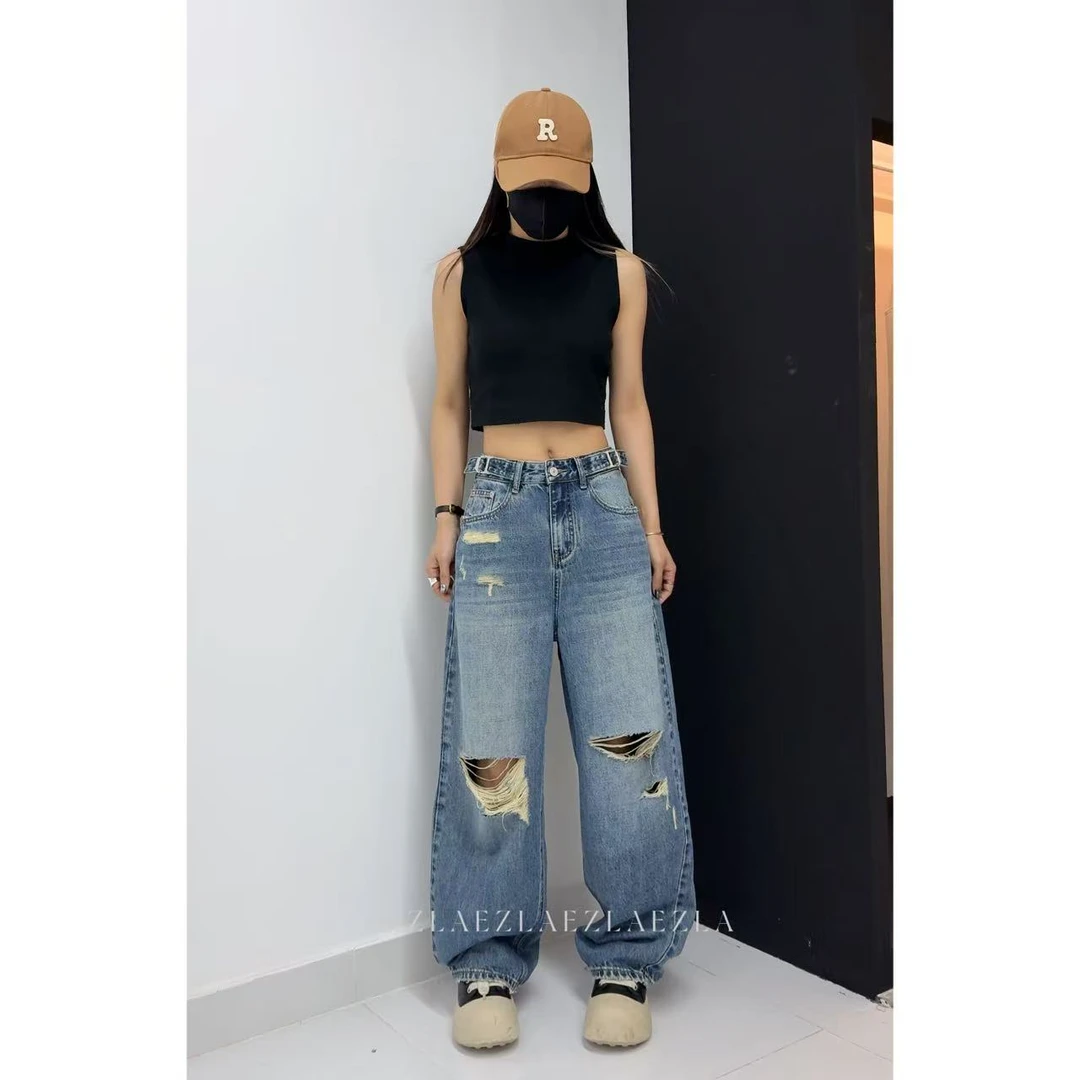 EZ8955-夏季新款腰围调节破洞磨烂设计无弹水洗软牛仔老爹堆堆裤