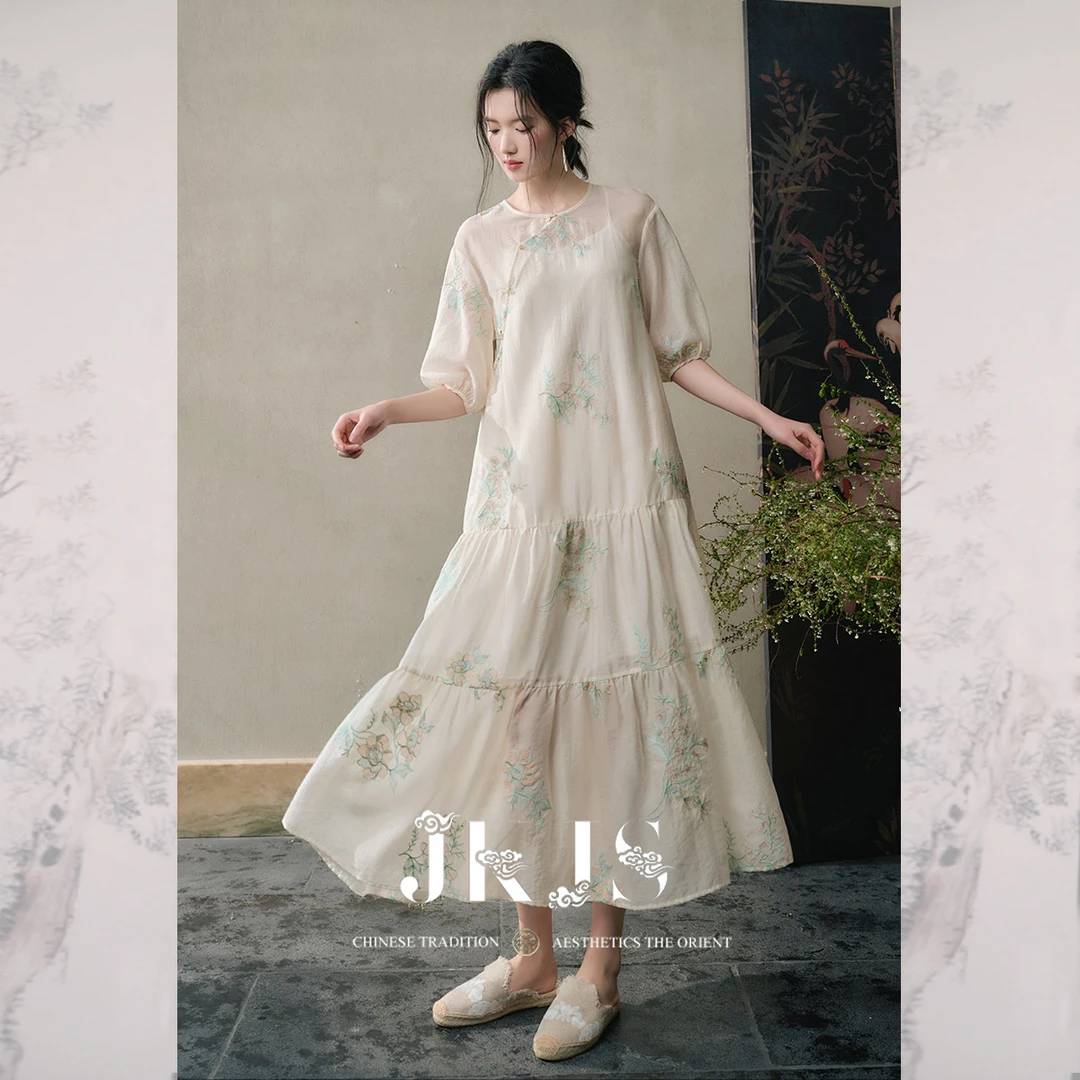 【JKJS】斜襟盘扣连衣裙气质新中式旗袍绣花长裙-含内搭吊带