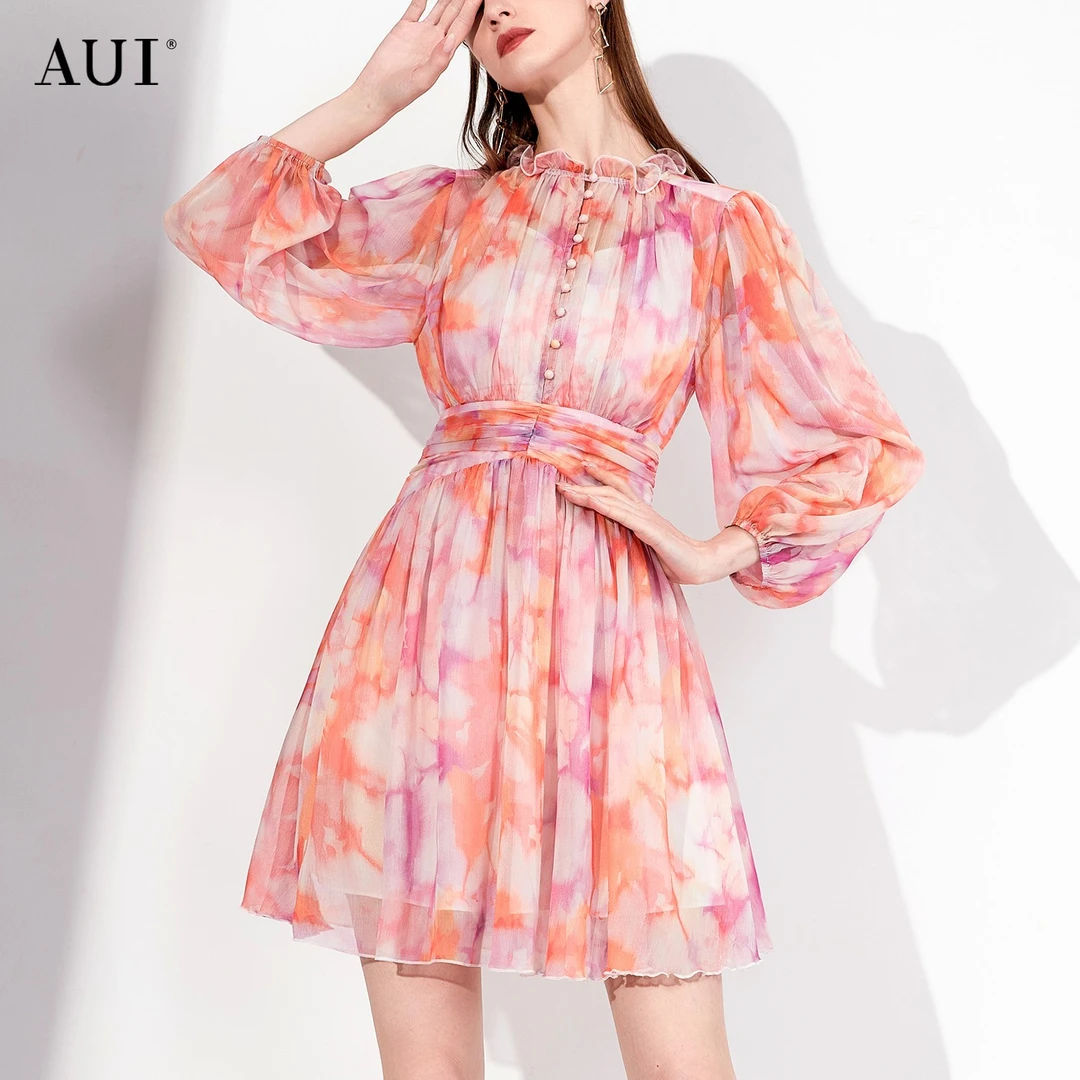 《李易行》aui花色灯笼袖印花雪纺连衣裙连衣裙碎花裙-23C012305