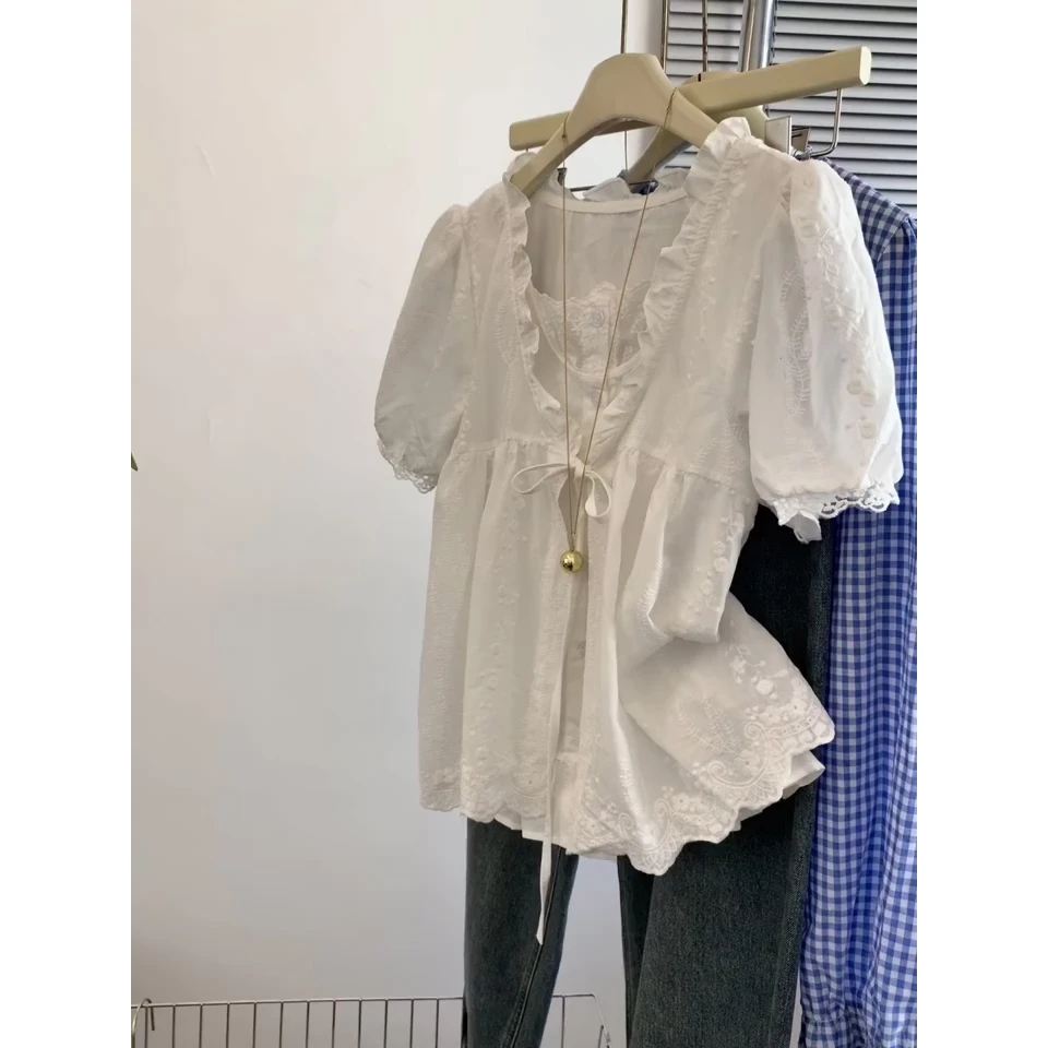 法式白色提花假两件衬衫女夏款绝美木耳边小衫独特系带蝴蝶结上衣