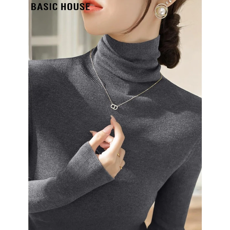 Basic House/百家好高领羊毛打底衫女早秋修身内搭堆堆领针织上衣