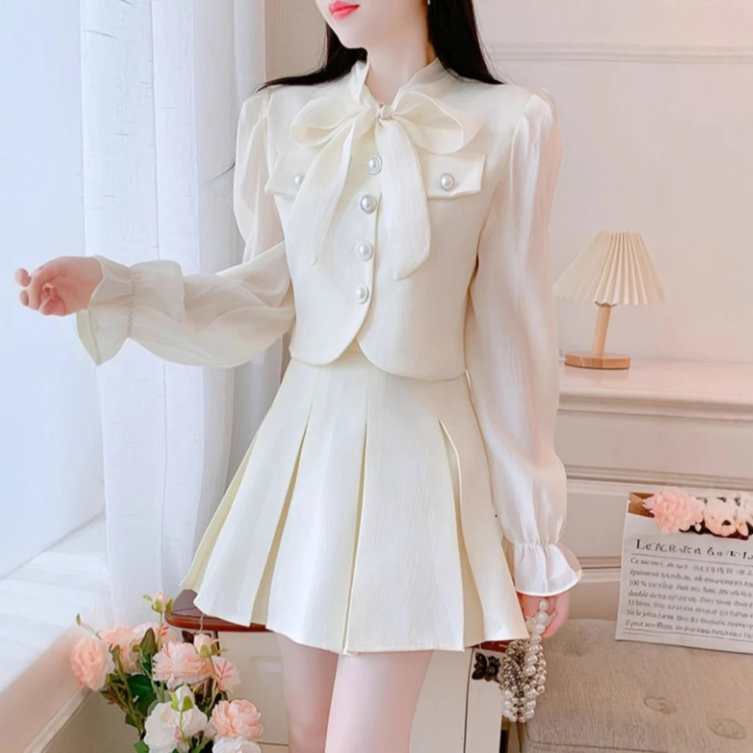 春秋季新款法式名媛高级感两件套装裙小香风蝴蝶结衬衣高腰短裙女