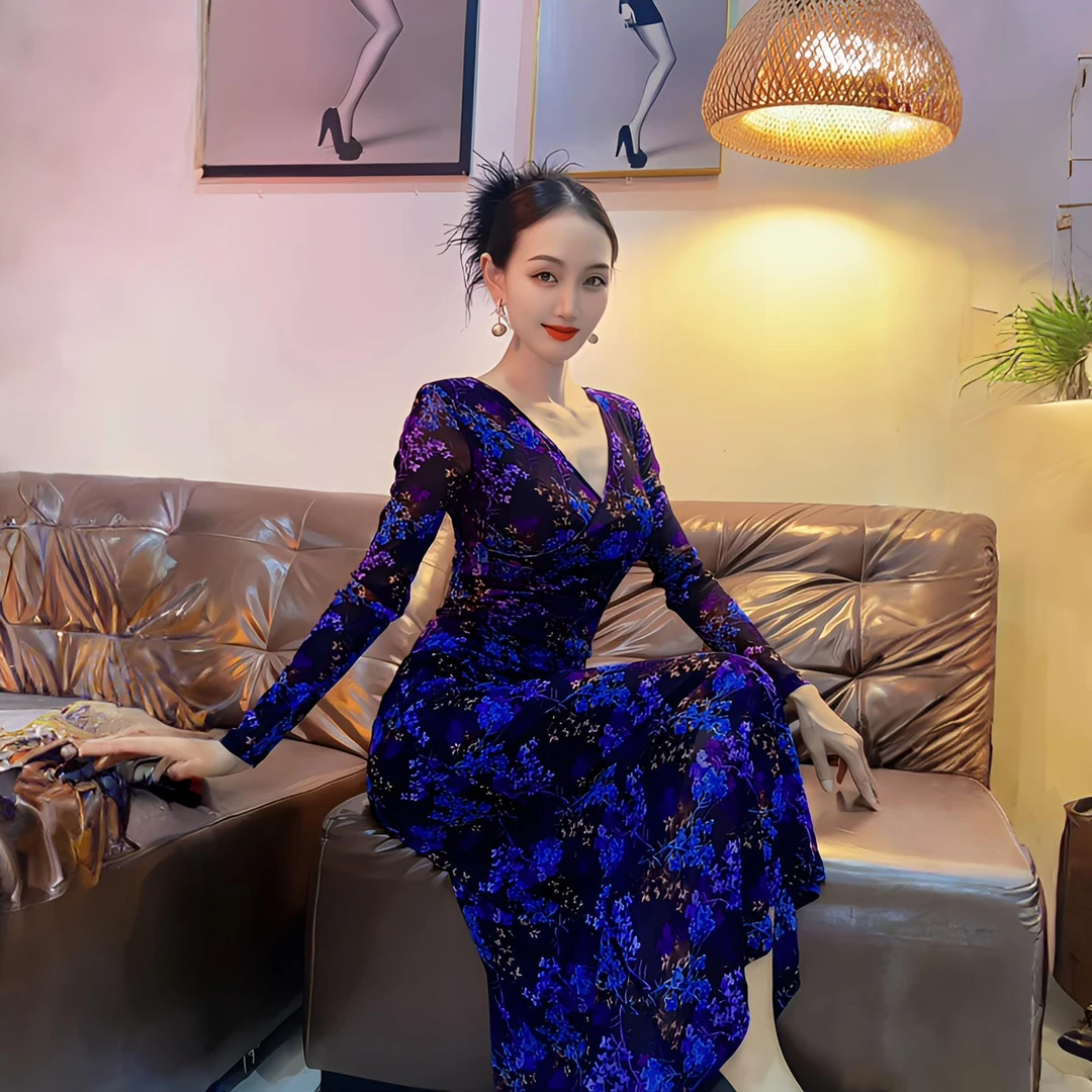 高弹款(妲己归来)妖紫兰色修身长款大摆连衣裙