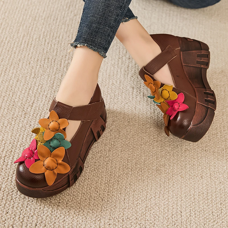 嫔妃丽人头层牛皮厚底增高复古民族新中式彩色田园风魔术贴女单鞋