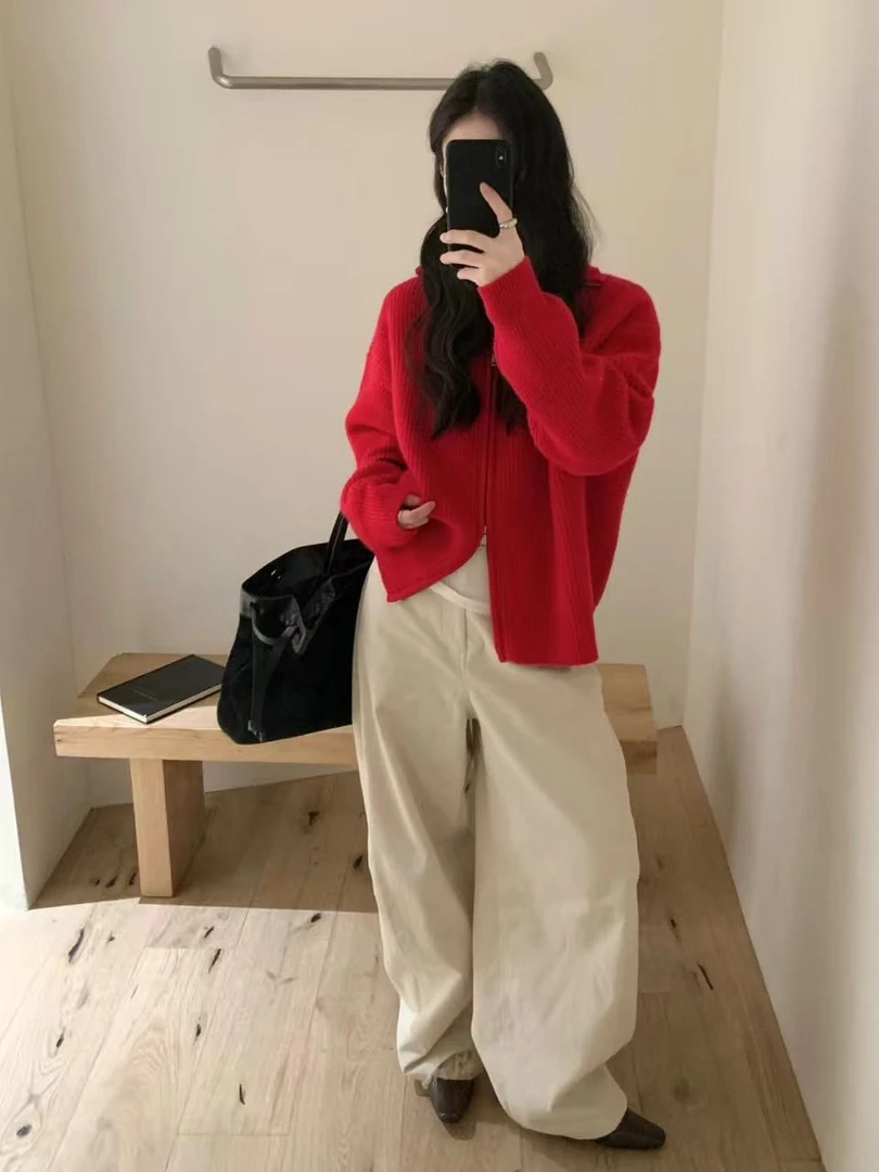 秋冬新款潮流休闲服红色复古翻领双拉链针织开衫外套休闲阔腿裤