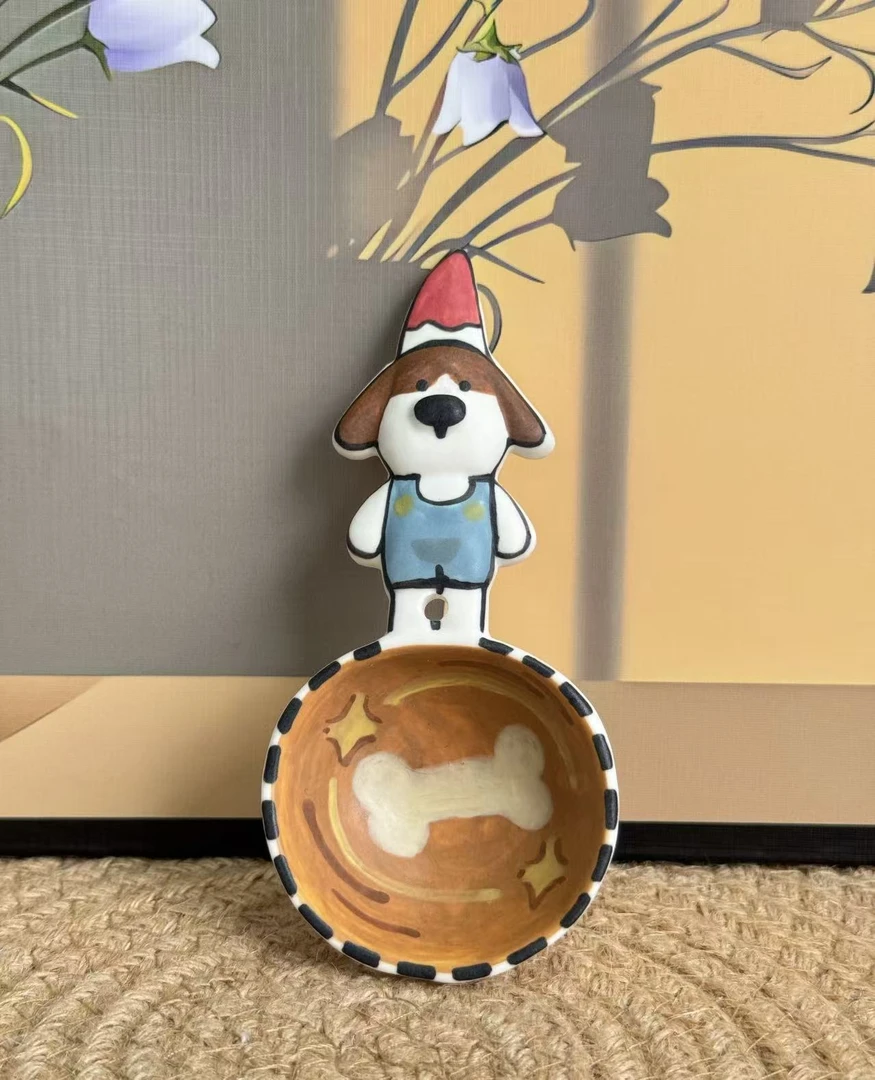 景德镇时光绘馆 创意手绘高温釉下彩陶瓷 小狗豆勺