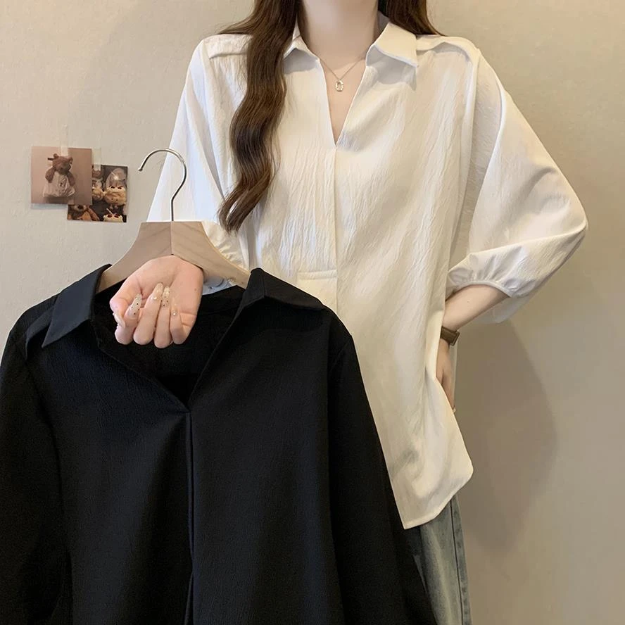 大码胖妹妹套头v领中袖衬衫女春夏宽松显瘦纯色上衣遮肚子打底衫