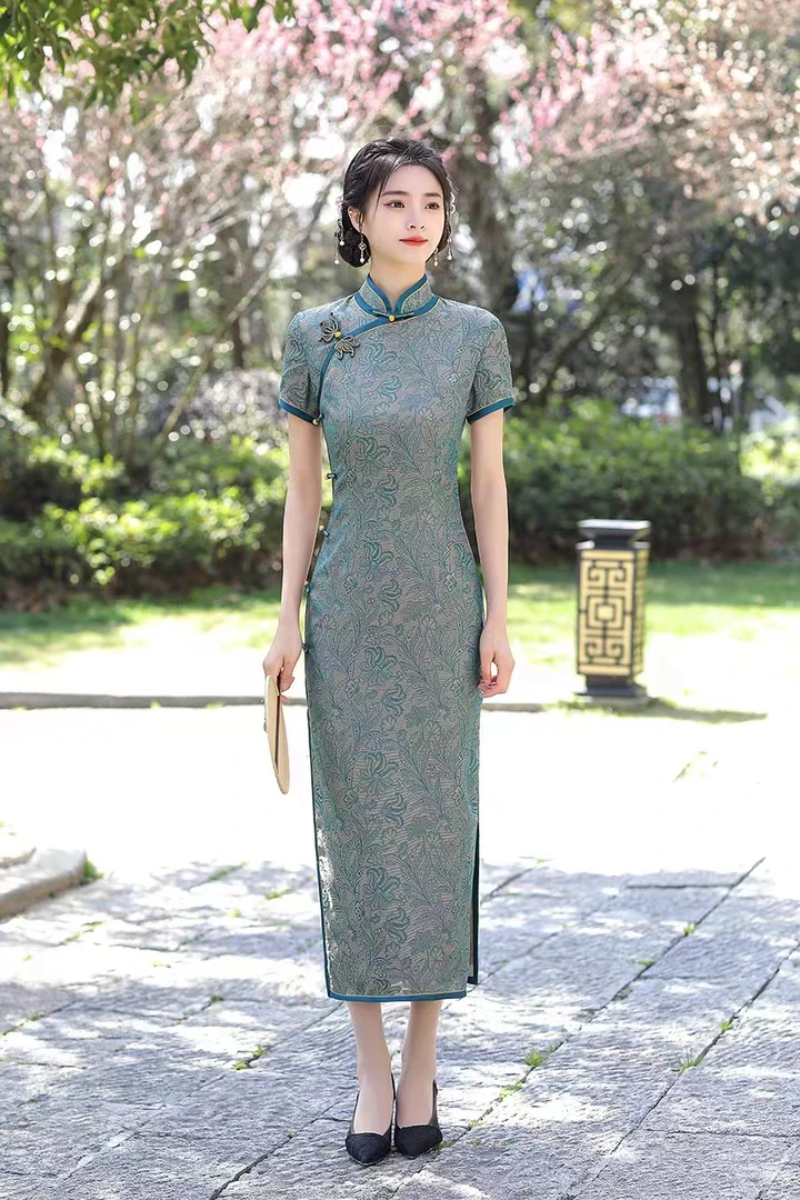 江月 花萝手工花扣长款旗袍日常气质文艺安诗歌