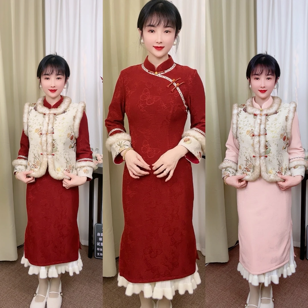 18-彩蝶报喜小个子加绒加厚显瘦网红气质刺绣中国风旗袍S-3XL