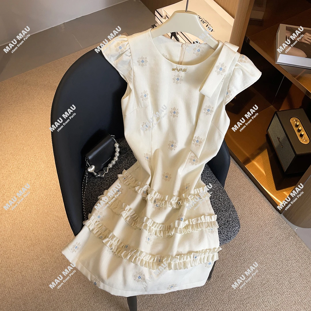 MIUMEN2025夏季法式小香风蝴蝶结刺绣木耳边短款连衣裙DY7984