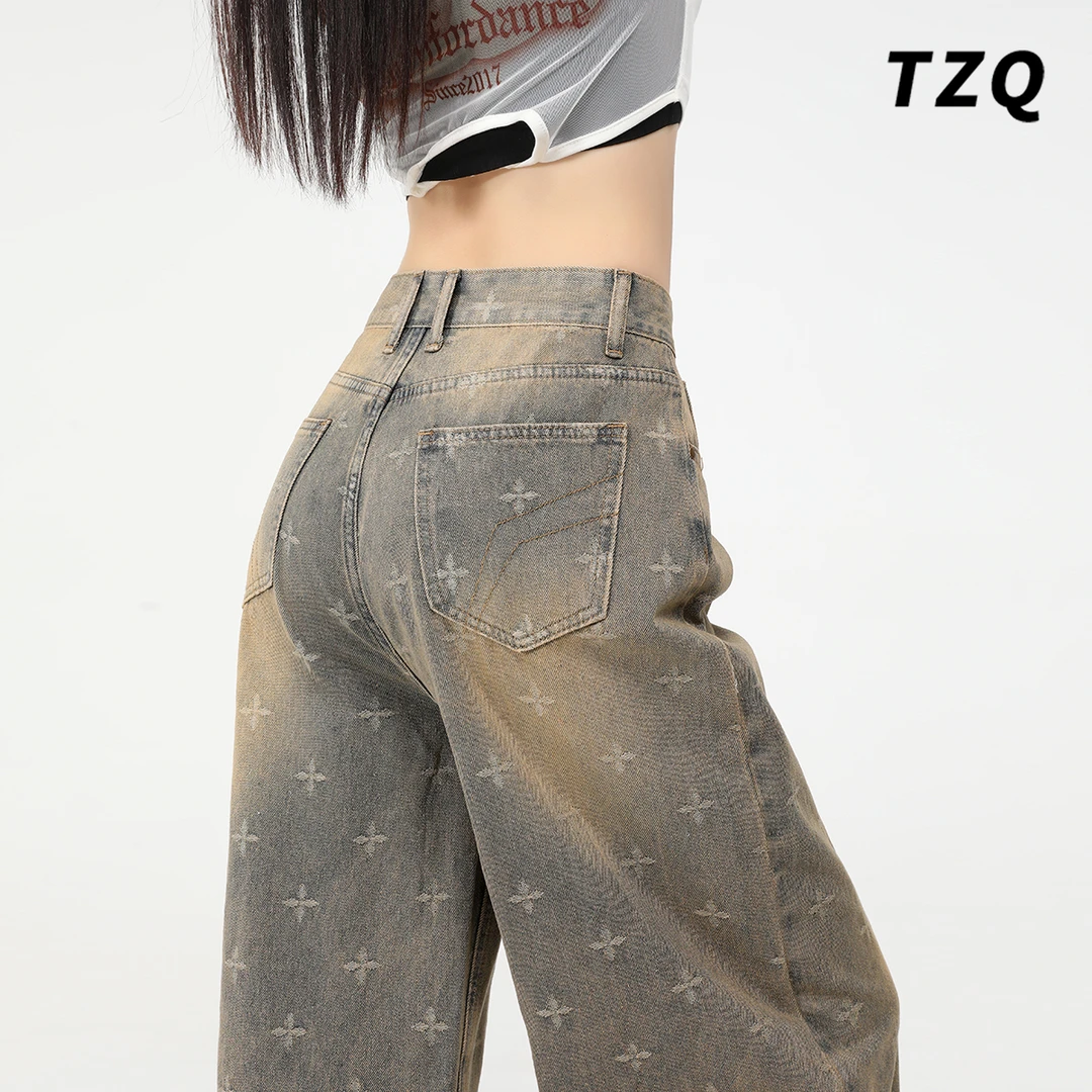 水洗做旧十字星宽松阔腿牛仔裤女秋季高腰复古阔腿裤子TZQ2582346