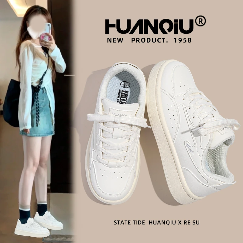 环球春夏2025新款女爆款皮面小白鞋百搭休闲透气轻便厚底舒适板鞋