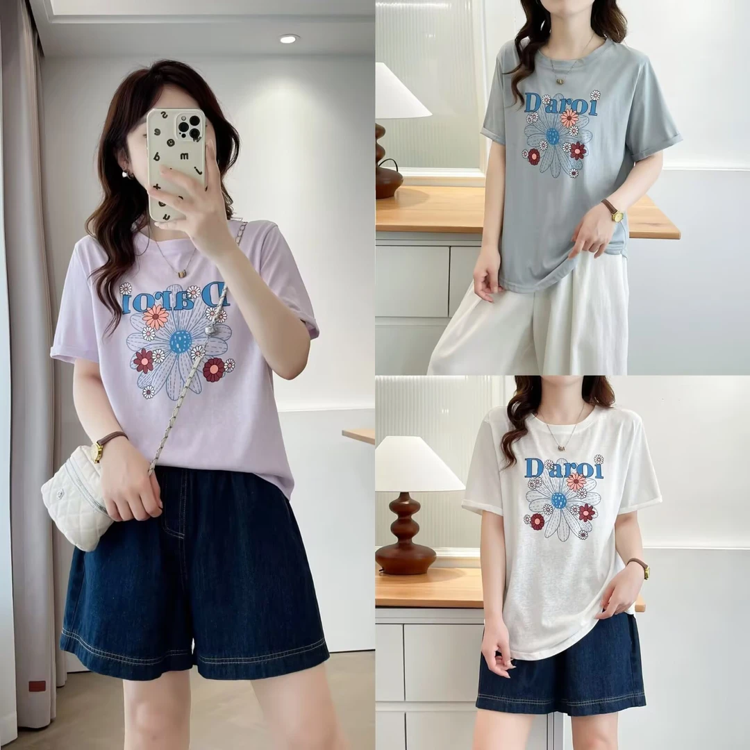 花朵字母雪花棉    显瘦遮肉 正肩 显瘦宽松  百搭夏季减龄T恤
