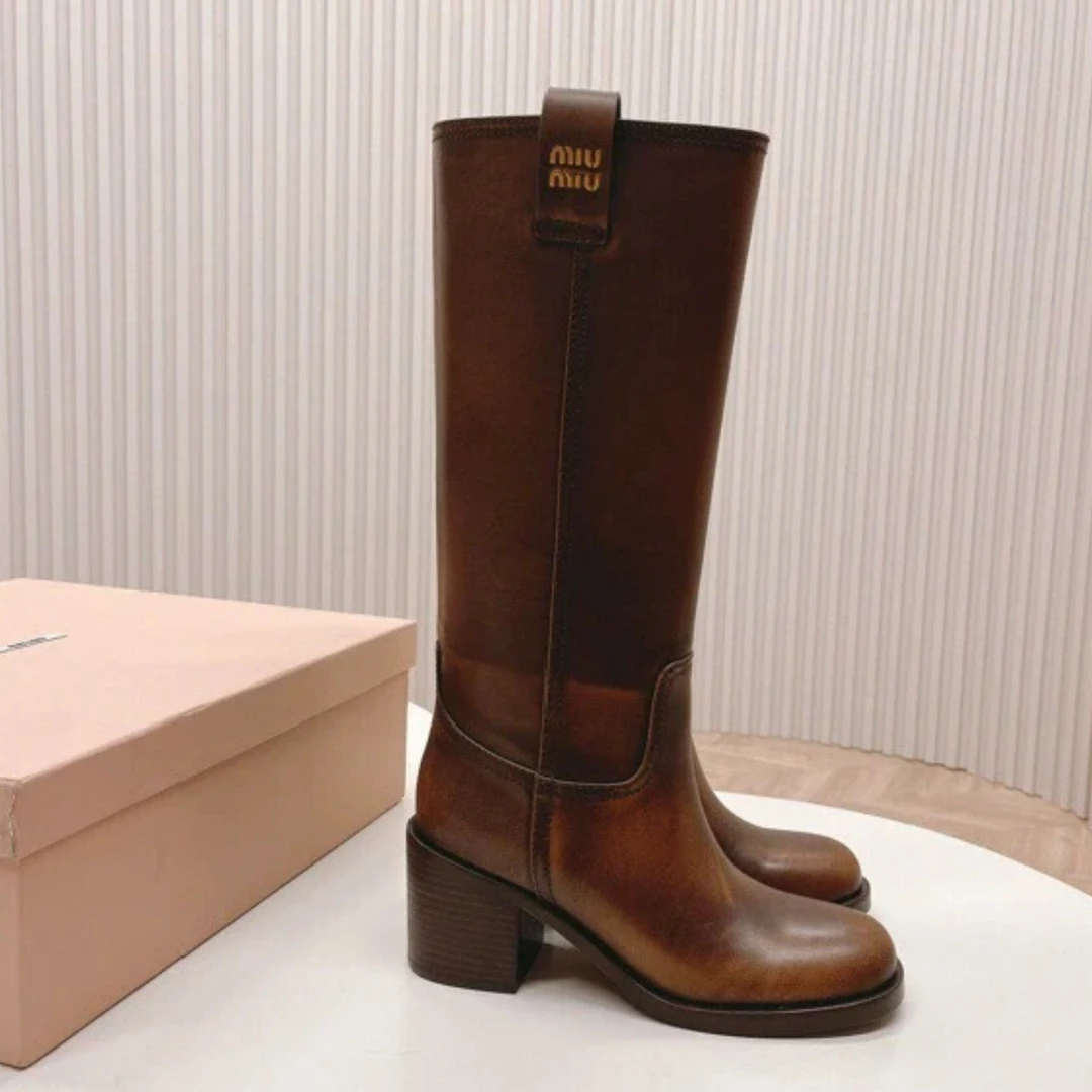 未使用 MIU MIU/缪缪 缪缪棕色复古长靴38.5
