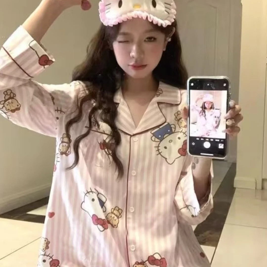 加肥加大春秋季长袖大码睡衣女宽松卡通可爱家居服套装