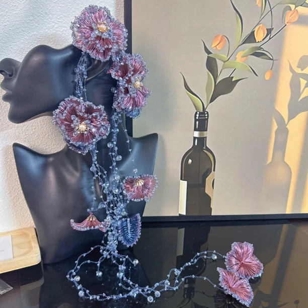 西子家原创手工钩针紫海棠发带长流苏多用款发饰小众设计复古配饰