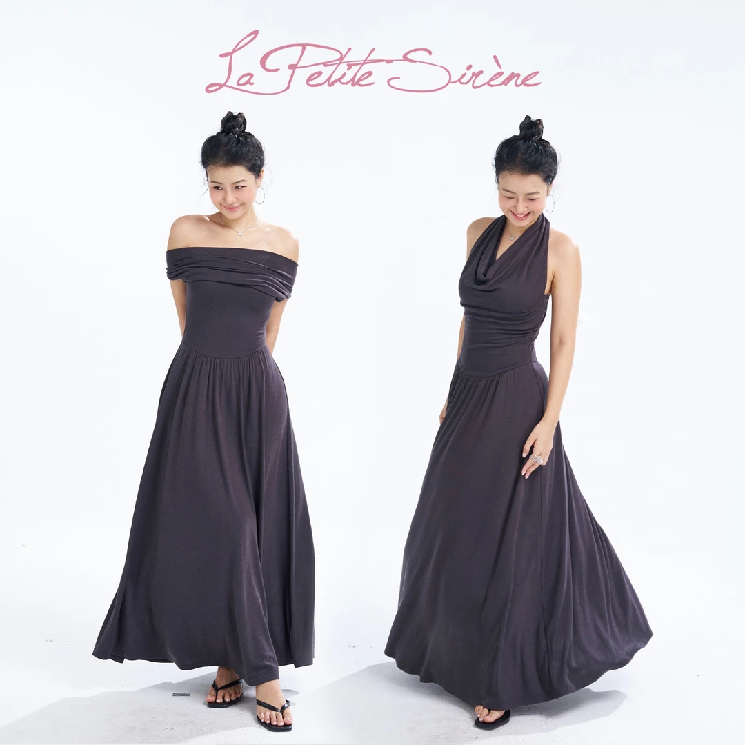 LPS | 郭卷毛同款灰色荡领挂脖连衣裙修身显瘦a字裙L35859JM52