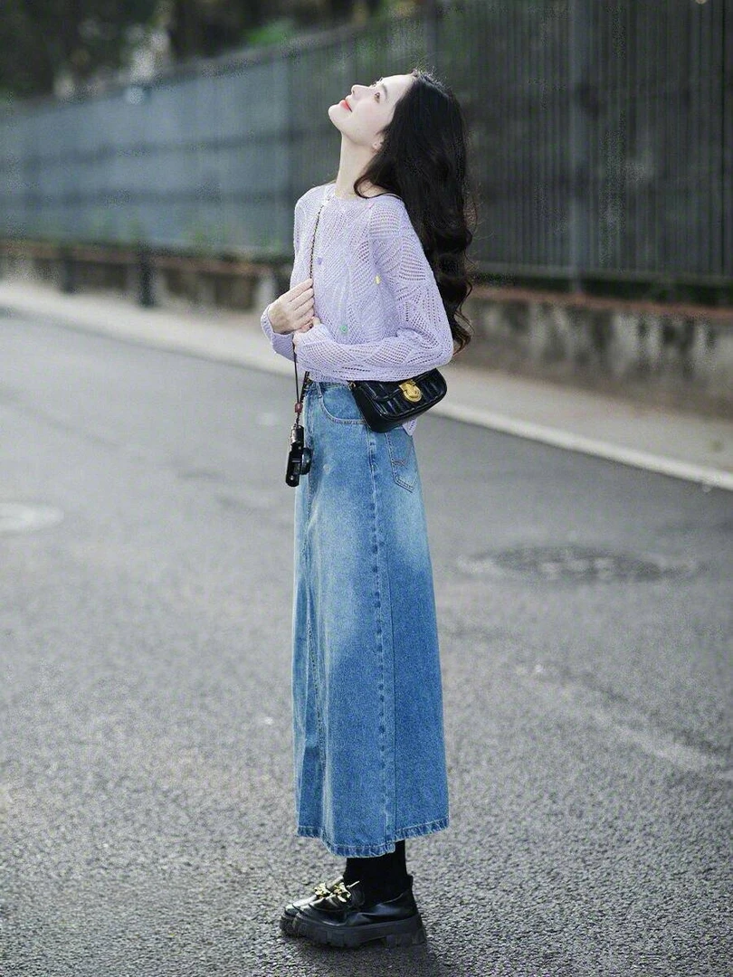 2025春季新款韩系穿搭高级感紫色针织上衣搭配牛仔半身裙两件套女