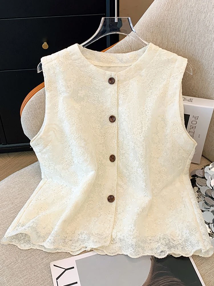 小香风提花圆领蕾丝衫女夏季新款单排扣开衫无袖马甲百搭显瘦上衣