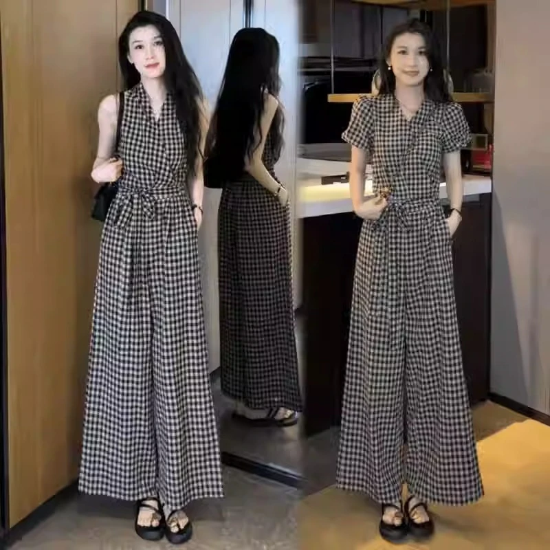 La babite时尚套装女夏季新款时髦洋气格子显瘦减龄阔腿裤两件套