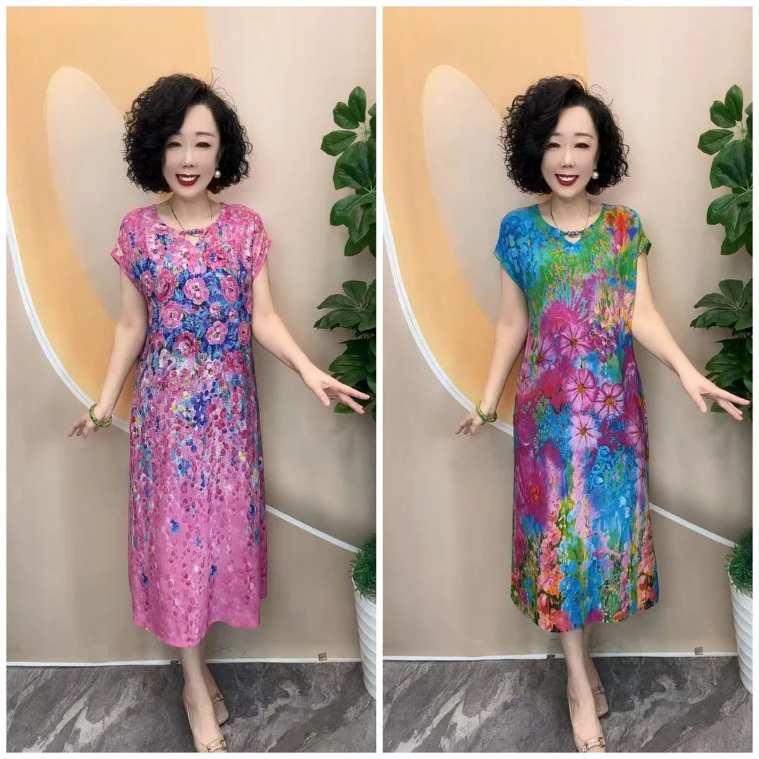 828夏新品定位花清凉一夏优雅女人宽松大码遮肚长连衣裙，裙长112