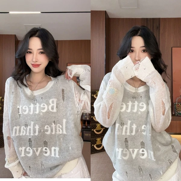 MBNL-F2024允初早秋印花镂空针织衫宽松圆领长袖上衣YCXB-7118