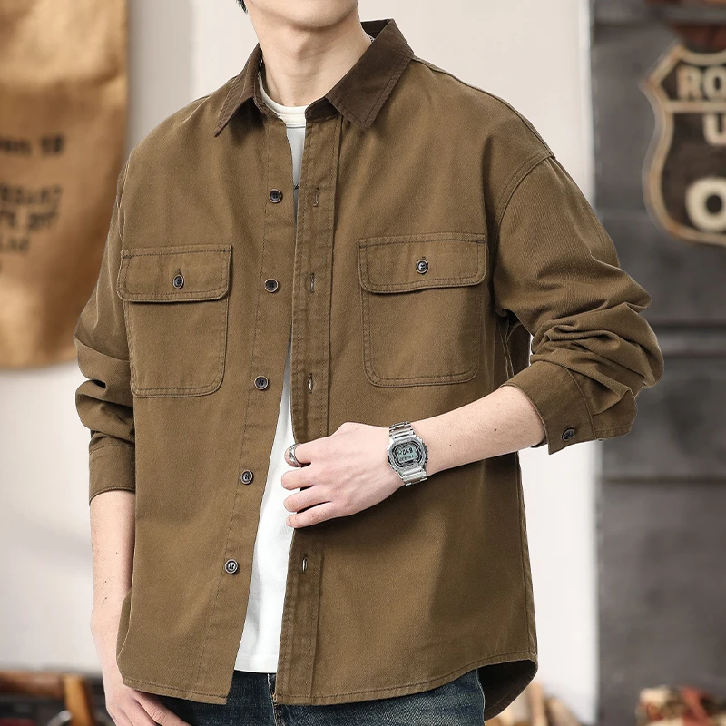 锡芝班拿高端时尚工装衬衫男春秋季宽松复古纯棉牛仔夹克外套