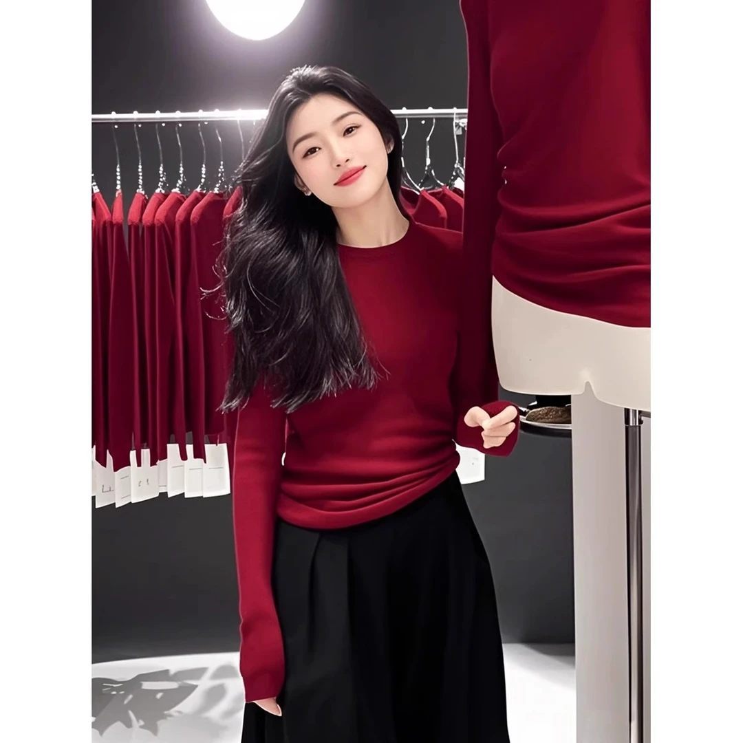 安哥拉新年红色修身长袖针织衫内搭打底上衣毛衣女春季2025年新款