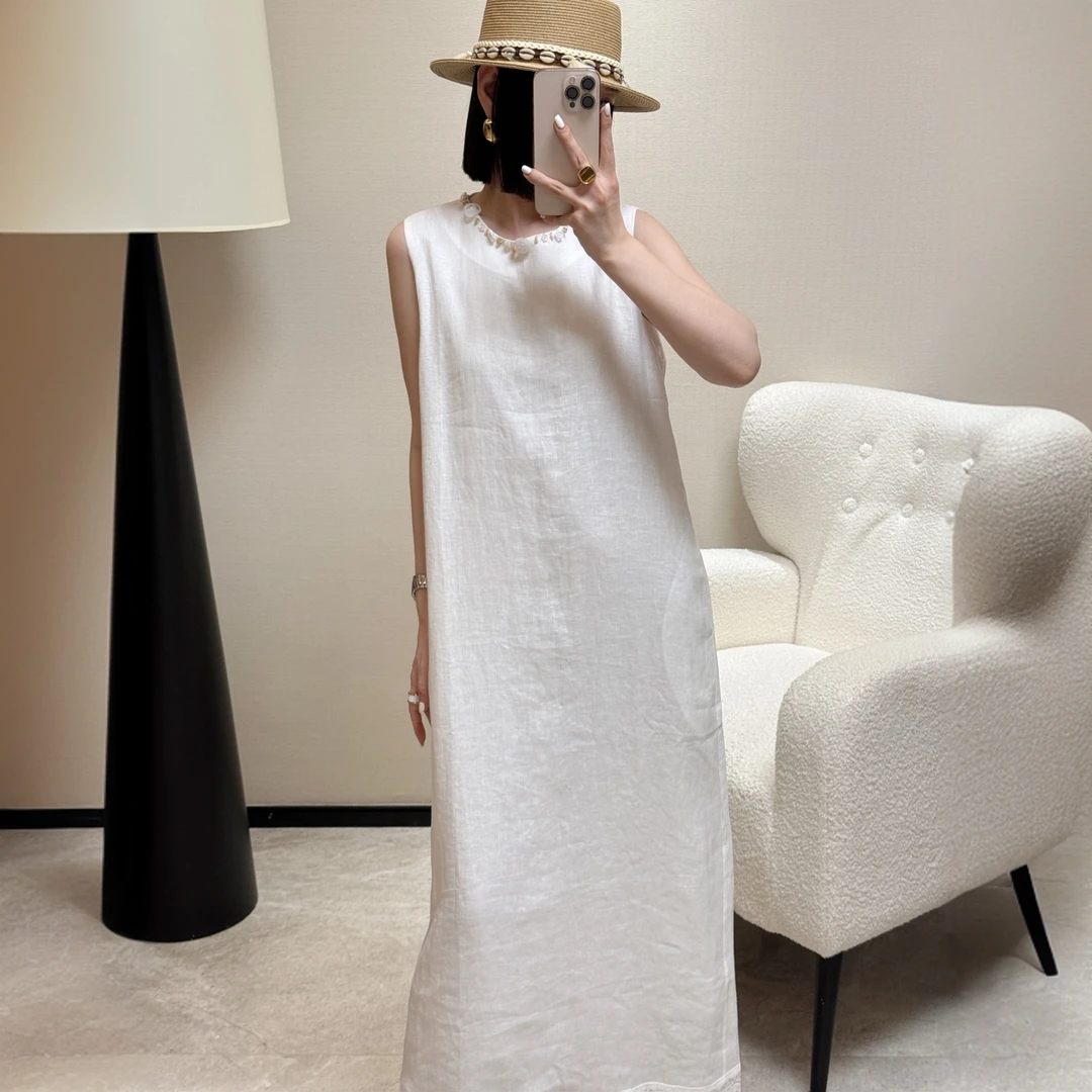夏季法式复古简约亚麻连衣裙白色蕾丝拼接钉花无袖宽松显瘦长裙