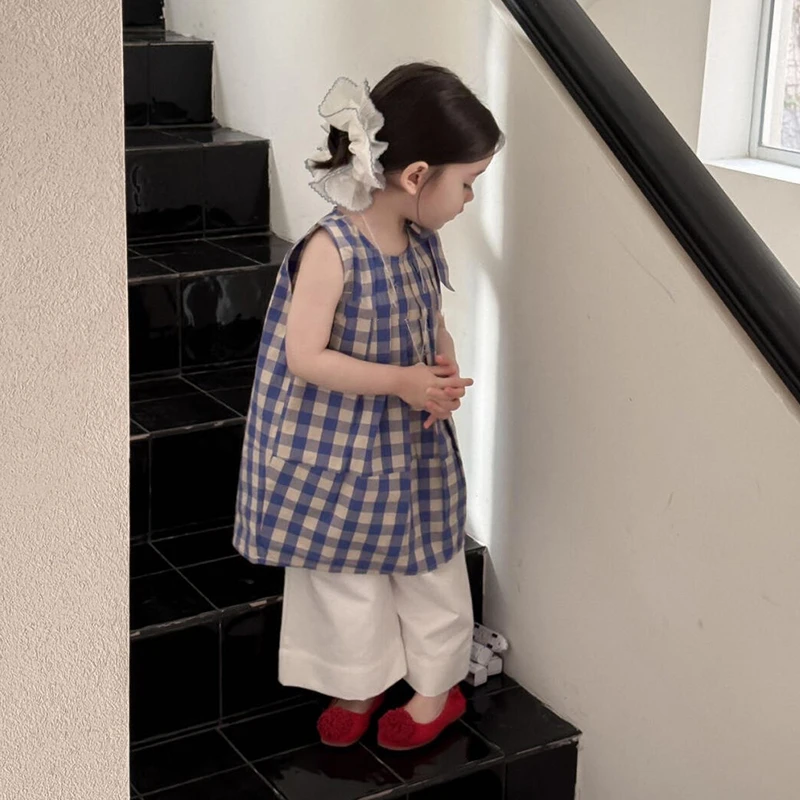 蓝色格子无袖连衣裙女童新款春夏百搭休闲风聚酯纤维A字裙