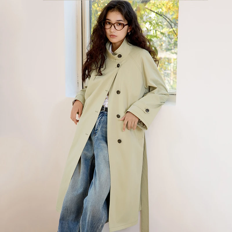 自巧小个子女装穿搭气质灰绿色立领中长款风衣外套大衣 25ZQ91174