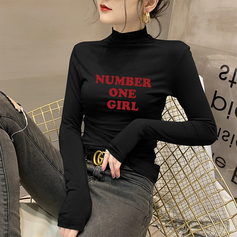 莫代尔红色字母印花长袖打底衫女内搭秋冬高级感半高领百搭上衣潮