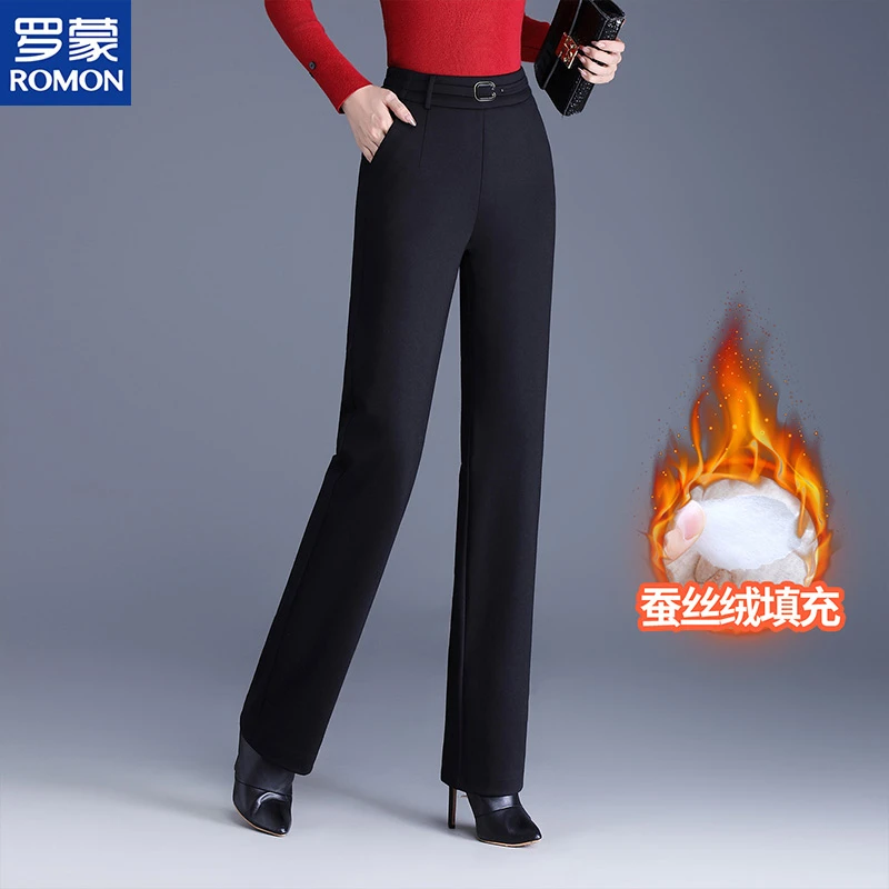 罗蒙品牌中年女士加绒加厚高腰显瘦直筒裤子妈妈毛呢阔腿裤秋冬季