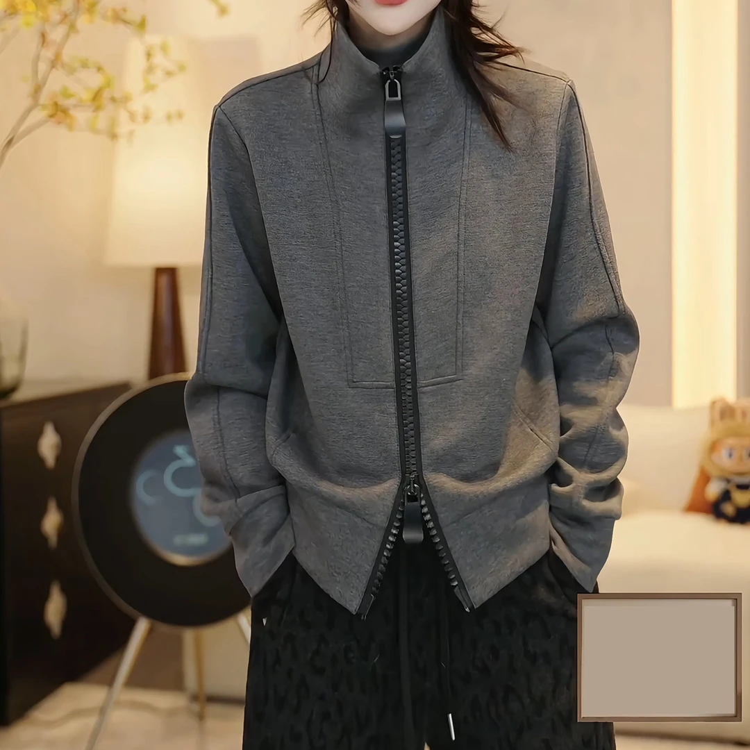 灰色宽松设计感外套上衣秋冬新款胖MM大码女装休闲双拉链立领卫衣