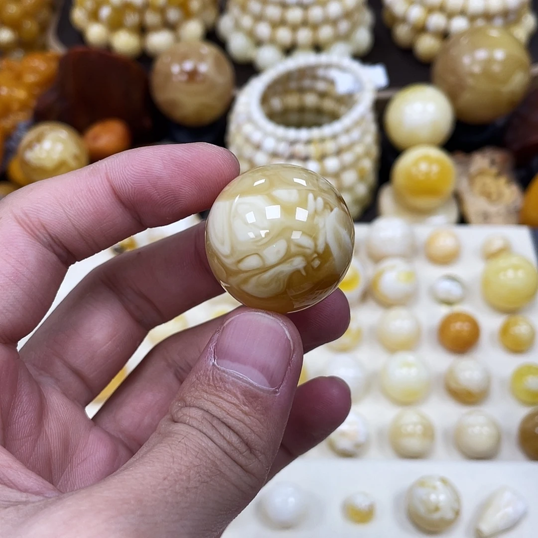 蜜蜡未镶嵌珠宝奇石28.4mm【橘紅拉丝虎皮妖白花】圆珠