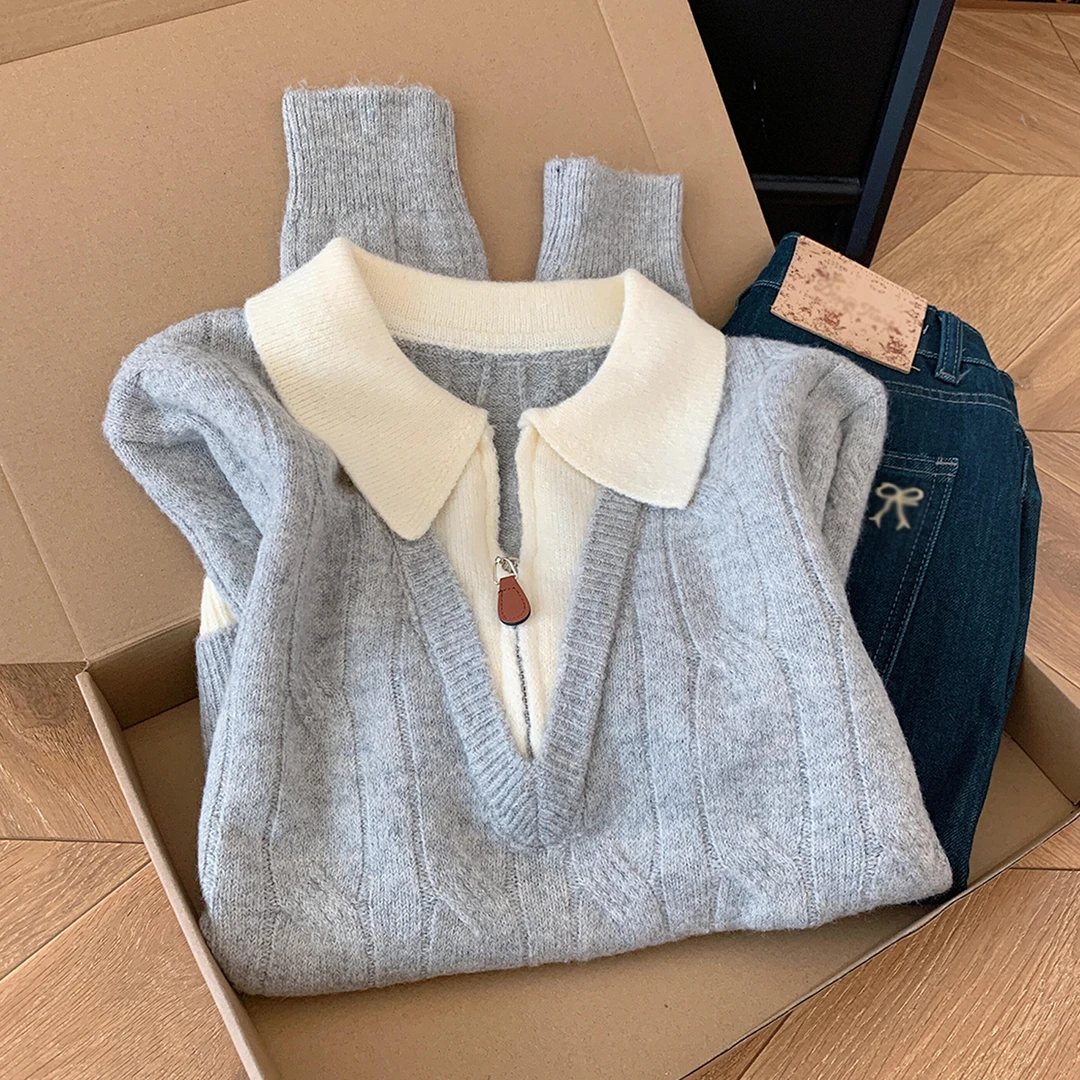 灰色假两件针织衫毛衣女秋冬季2026新款慵懒高级感内搭打底衫上衣