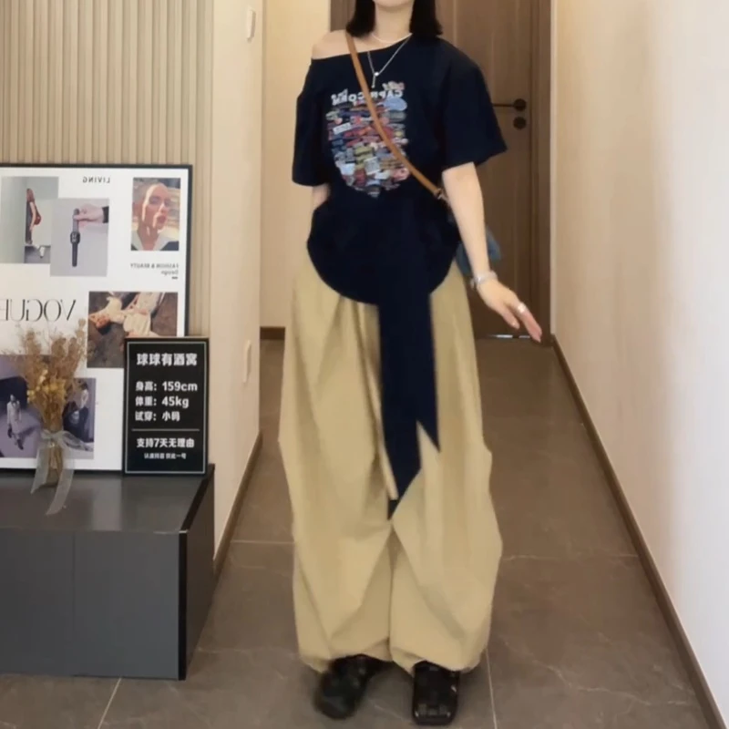 夏季新款涂鸦美式图案斜肩短袖T恤+阔腿拖地山本裤LK2503337