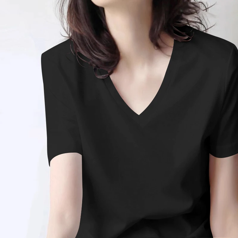 新款白色V领宽松短袖T恤女莫代尔正肩设计冰丝纯色T恤夏季打底衫