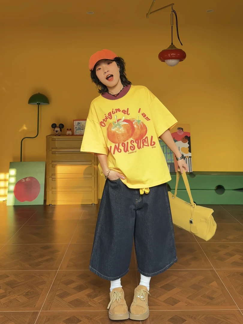 夏末福利（番茄）美式复古小众原创设计撞色小领口落肩oversizeT恤