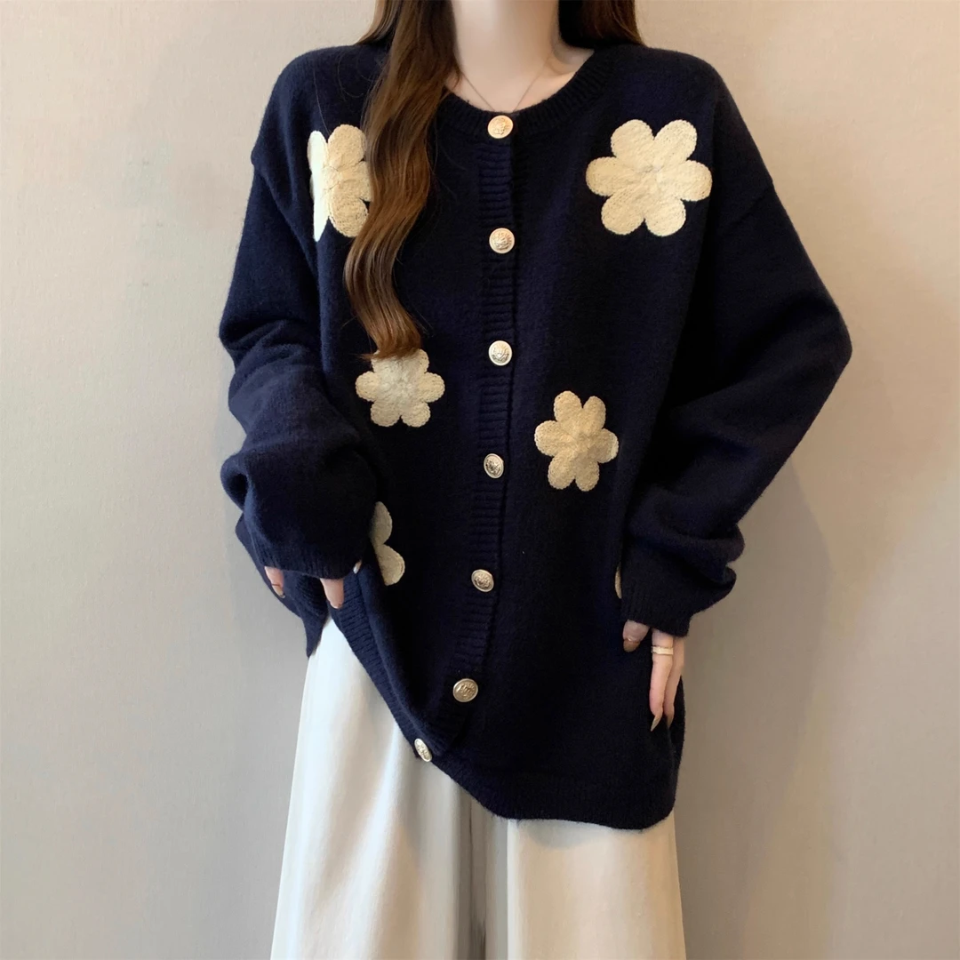 慵懒风宽松花朵提花毛衣外套女秋季新款大码胖MM显瘦针织开衫上衣