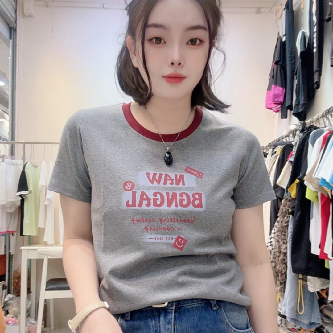 罗纹棉上衣新款圆领正肩弹力显瘦百搭减龄休闲风女t